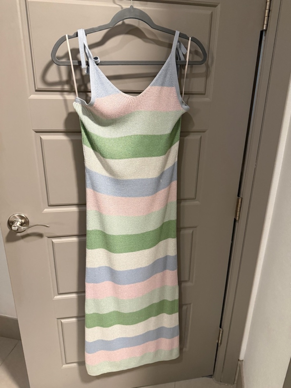 HARI Pastel Stripe Midi Slip Dress in Light Blue, Pink & Green